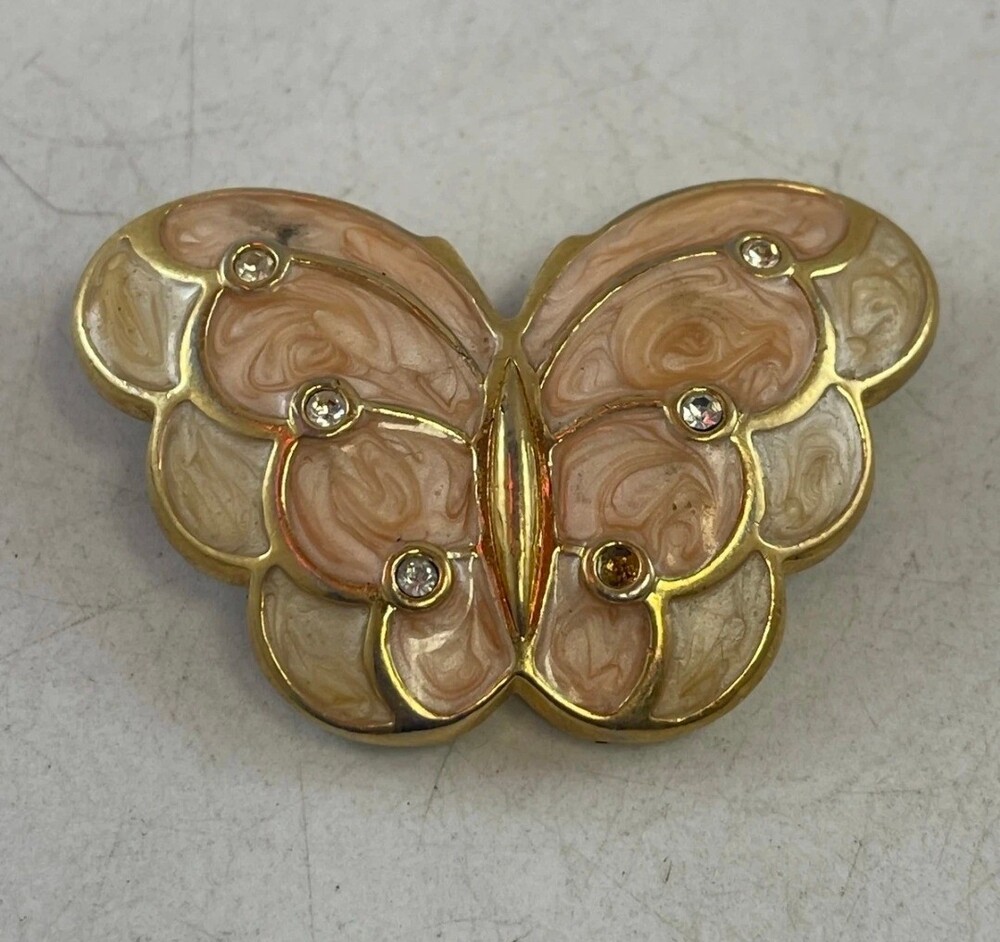 KJL for Avon Vintage Gold Tone Butterfly Brooch Peach and Cream Enamel Rhineston